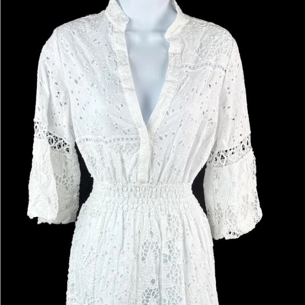 Temptations White Midi Dress with Bishop Sleeves and Mandarin Collar
